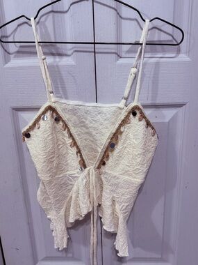 Cream Textured Tie-Front Spaghetti Strap Top